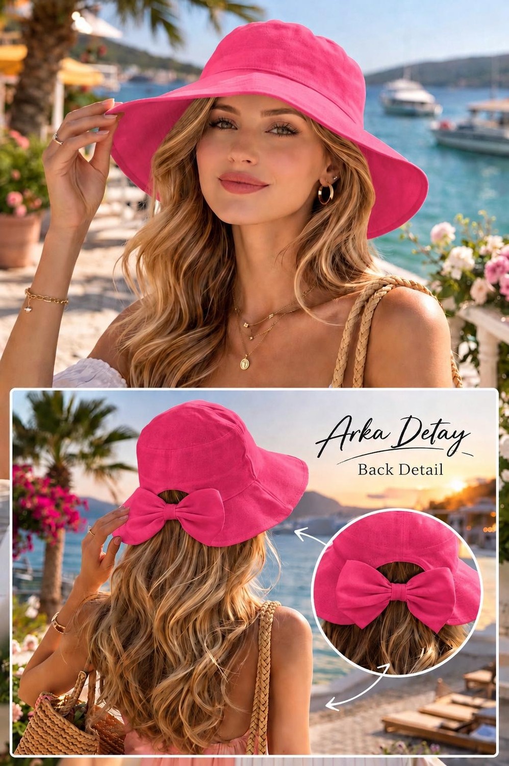 Wearflawless Kadın Keten Bucket Fiyonklu Yazlık Plaj Şapkası, Ayarlanabilir Geniş Kenarlı Tatil Şapkası