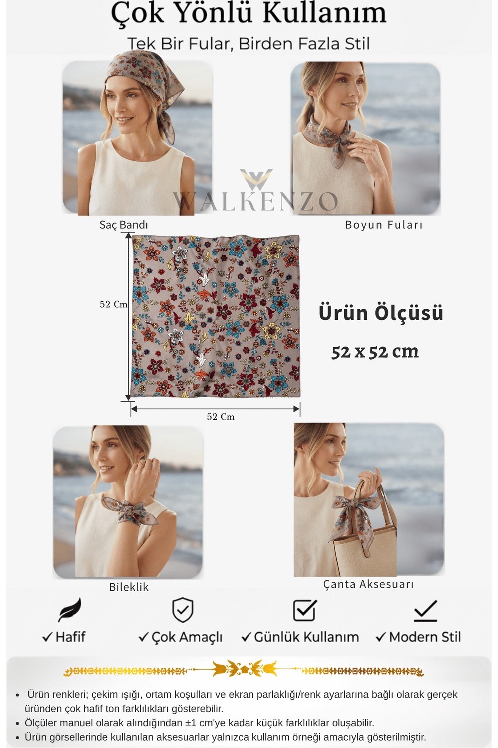 Walkenzo Lara Çiçek Desenli %100 Pamuklu Çok Amaçlı Bandana Fular görsel 7