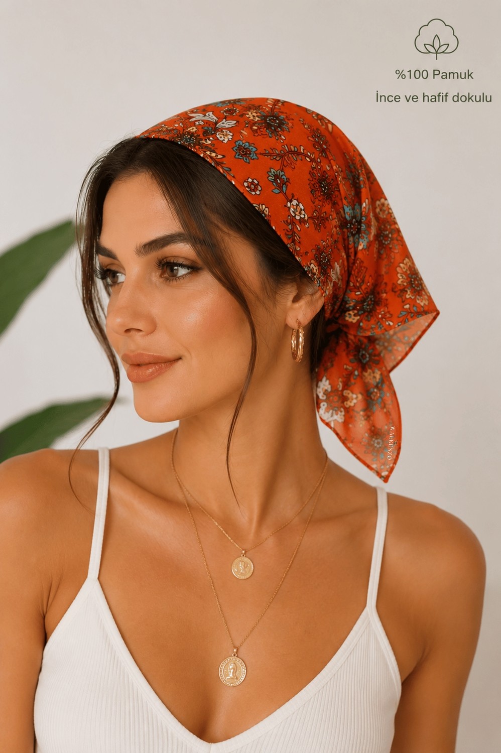 Walkenzo Lara Çiçek Desenli %100 Pamuklu Çok Amaçlı Bandana Fular