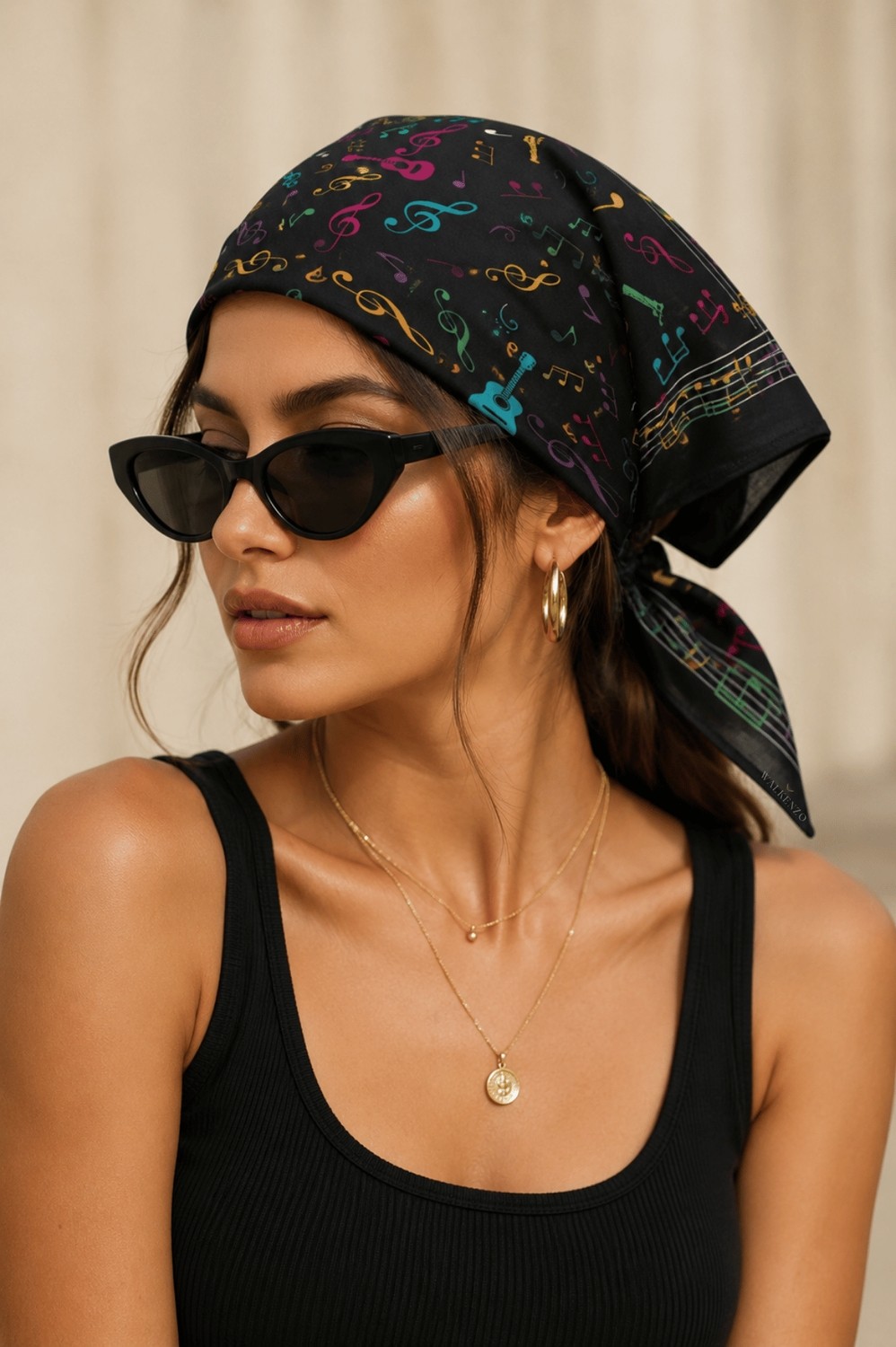 Walkenzo Nota ve Gitar Desenli %100 Pamuklu Çok Amaçlı Bandana Fular