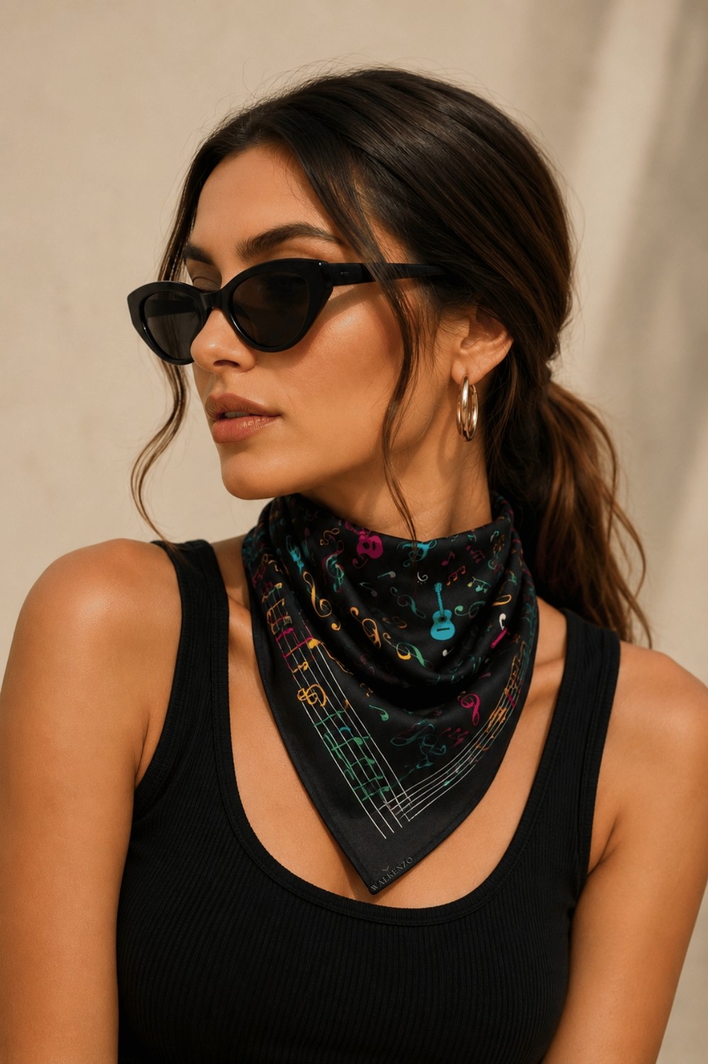 Walkenzo Nota ve Gitar Desenli %100 Pamuklu Çok Amaçlı Bandana Fular görsel 2