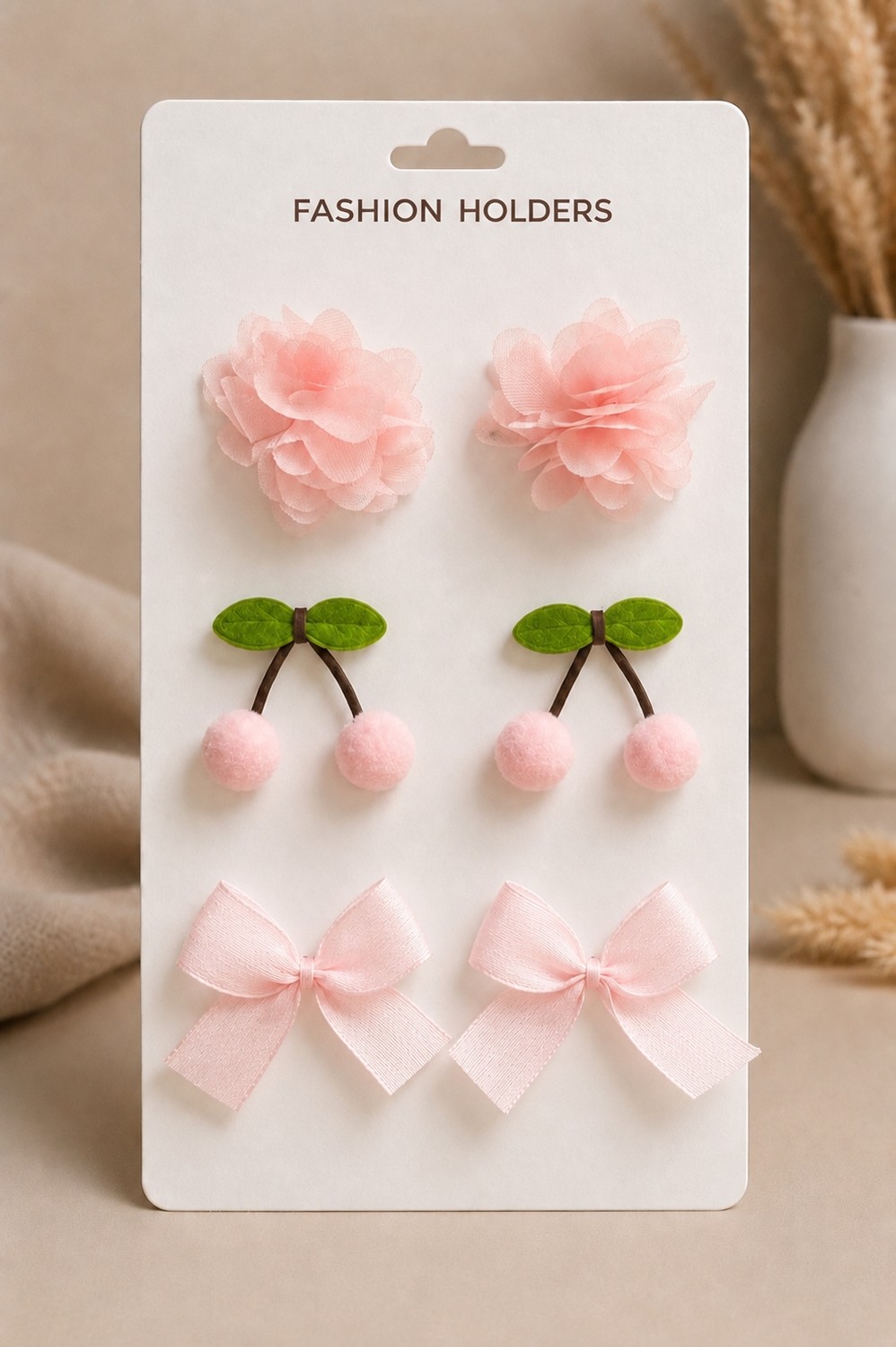 Laria Pembe Kirazlı Çiçek ve Fiyonklu 6'lı Bebek Çocuk Toka Set