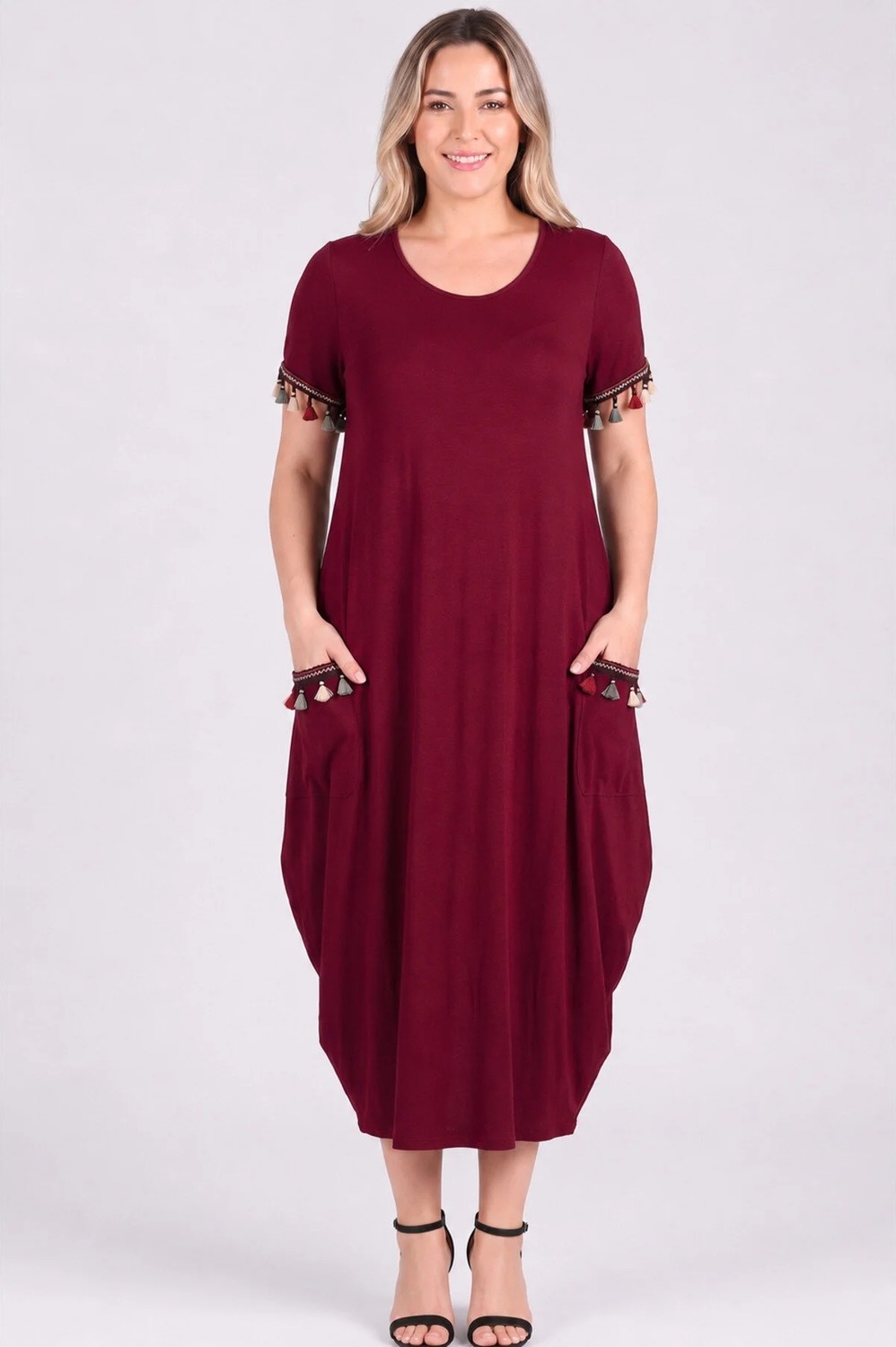 Curvy Trend Büyük Beden Kol Ucu ve Cep Püsküllü Baseni Geniş Kısa Kol Elbise görsel 6