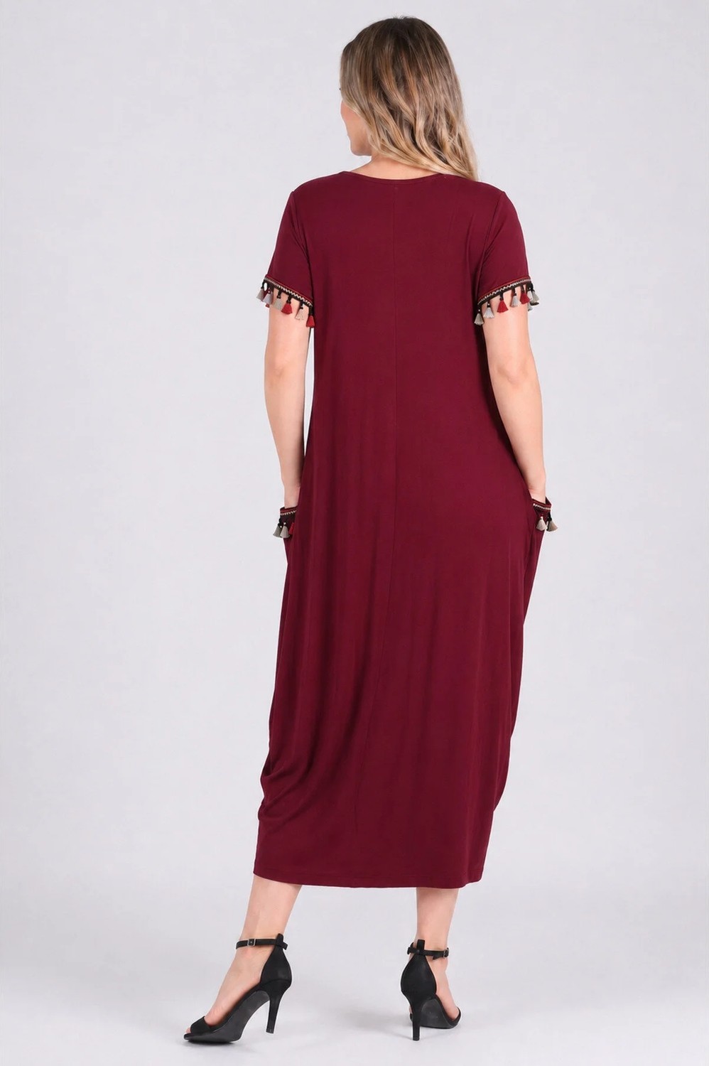Curvy Trend Büyük Beden Kol Ucu ve Cep Püsküllü Baseni Geniş Kısa Kol Elbise görsel 7