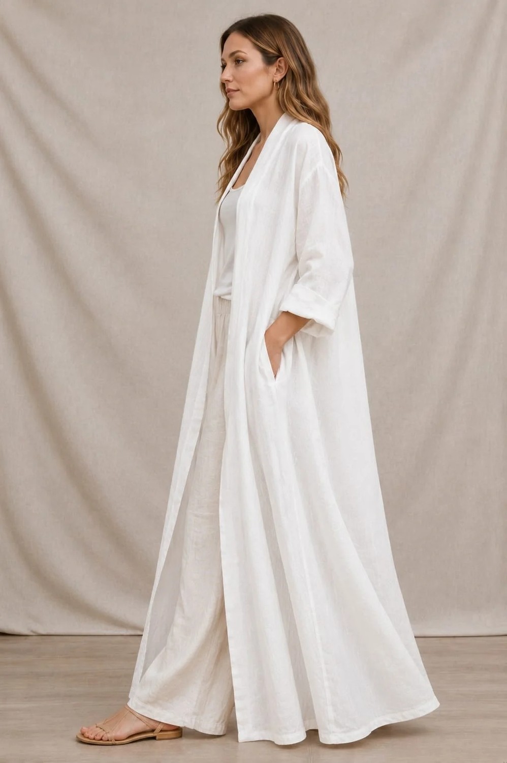 Eren Style Bohomiyan Italyan Uzun Cepsiz Keten Kaftan & Kap (140-CM) görsel 7