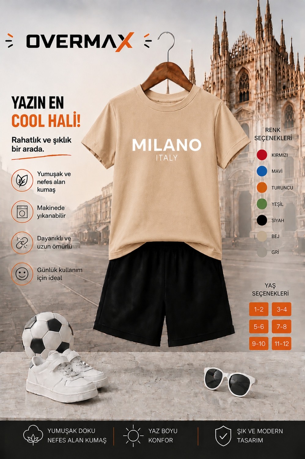 Overmax Milano Baskılı Çocuk Takım, Tişört & Şort 2’li Kombin | 1-12 Yaş Trend Yazlık Takım