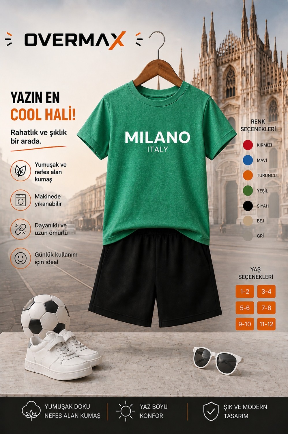 Overmax Milano Baskılı Çocuk Takım, Tişört & Şort 2’li Kombin | 1-12 Yaş Trend Yazlık Takım