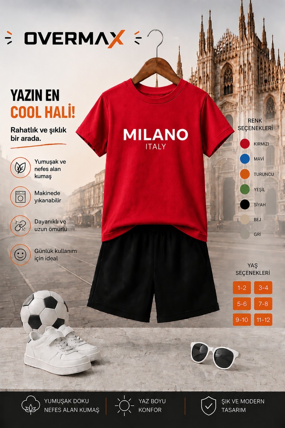 Overmax Milano Baskılı Çocuk Takım, Tişört & Şort 2’li Kombin | 1-12 Yaş Trend Yazlık Takım