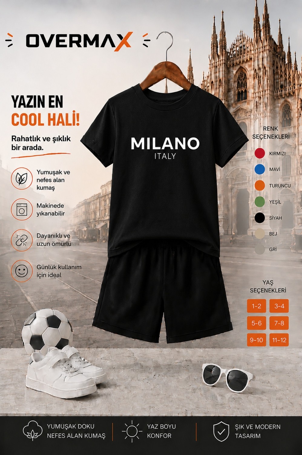 Overmax Milano Baskılı Çocuk Takım, Tişört & Şort 2’li Kombin | 1-12 Yaş Trend Yazlık Takım