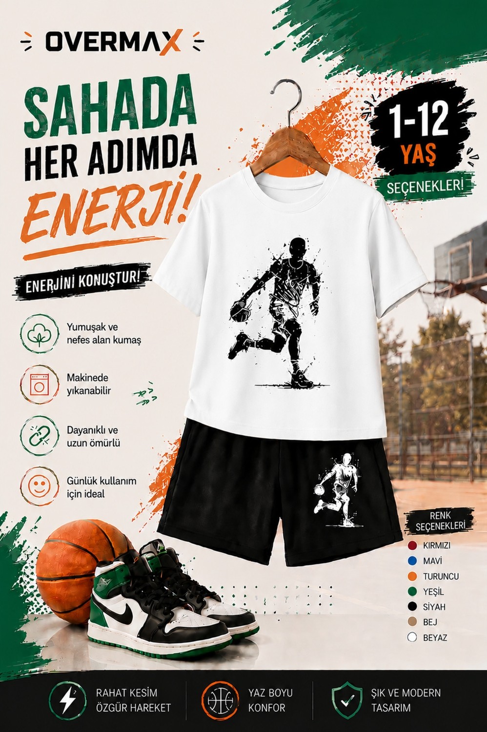 Overmax Top Süren Adam Baskılı Çocuk Takım, Tişört & Şort 2’li Kombin | 1-12 Yaş Trend Yazlık Takım