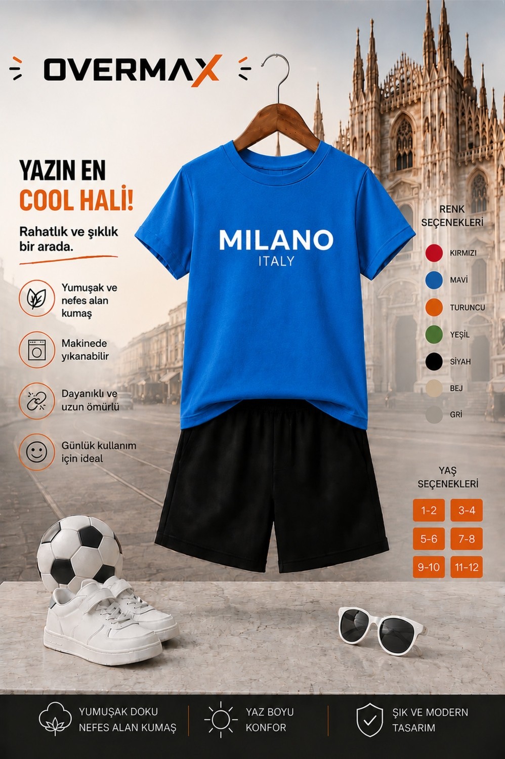 Overmax Milano Baskılı Çocuk Takım, Tişört & Şort 2’li Kombin | 1-12 Yaş Trend Yazlık Takım