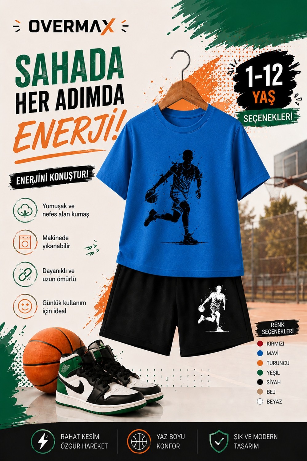Overmax Top Süren Adam Baskılı Çocuk Takım, Tişört & Şort 2’li Kombin | 1-12 Yaş Trend Yazlık Takım