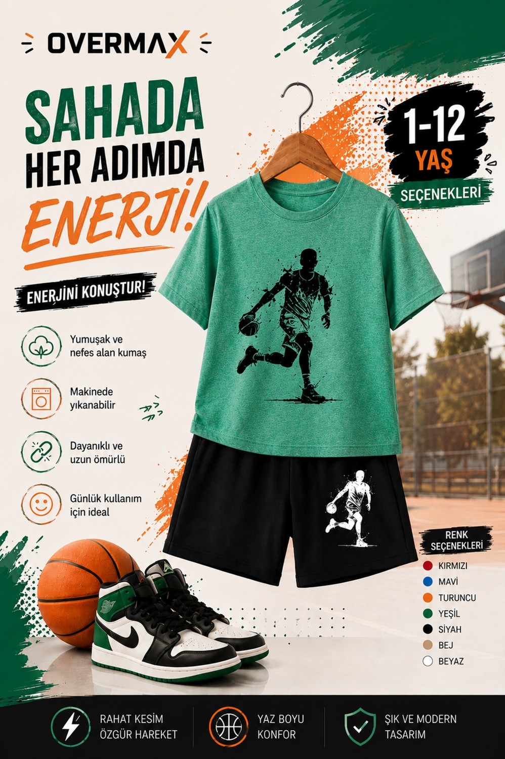 Overmax Top Süren Adam Baskılı Çocuk Takım, Tişört & Şort 2’li Kombin | 1-12 Yaş Trend Yazlık Takım