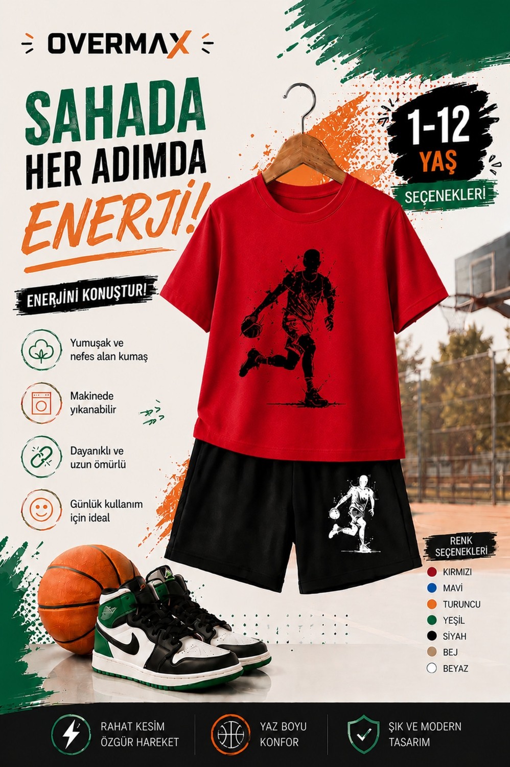 Overmax Top Süren Adam Baskılı Çocuk Takım, Tişört & Şort 2’li Kombin | 1-12 Yaş Trend Yazlık Takım