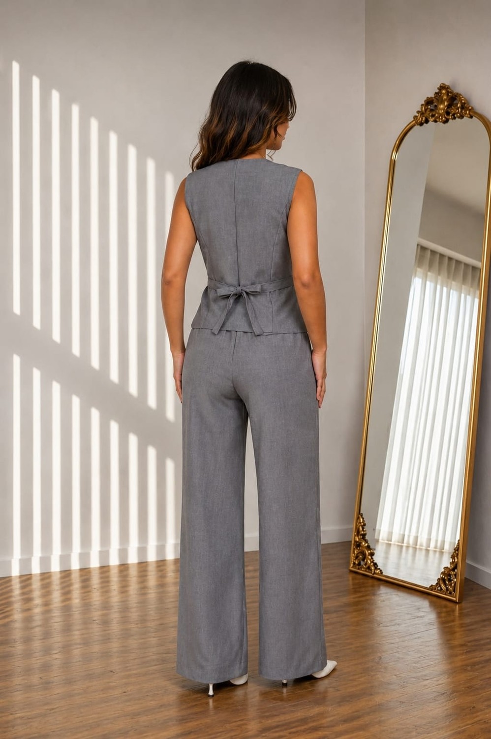 Motiv Önden Düğmeli Arka Kuşaklı Yelek/bol Paça Pantolon Keten Takım görsel 3