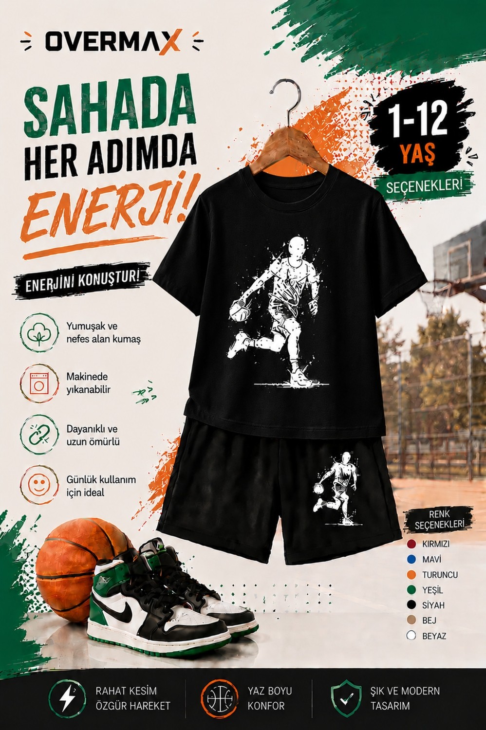 Overmax Top Süren Adam Baskılı Çocuk Takım, Tişört & Şort 2’li Kombin | 1-12 Yaş Trend Yazlık Takım