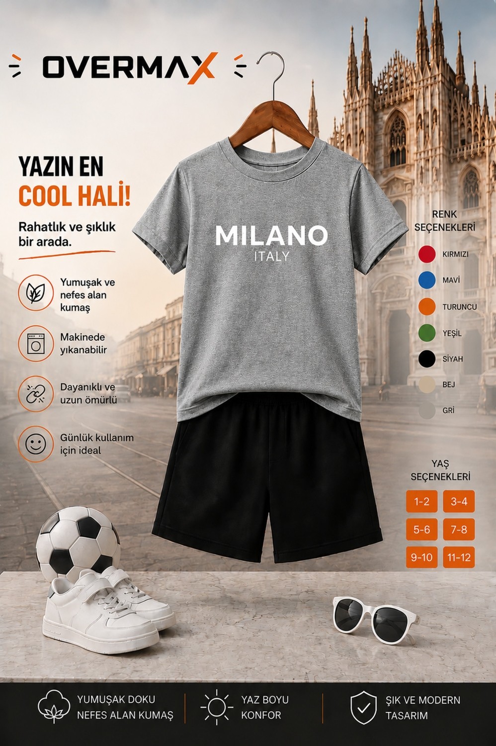 Overmax Milano Baskılı Çocuk Takım, Tişört & Şort 2’li Kombin | 1-12 Yaş Trend Yazlık Takım