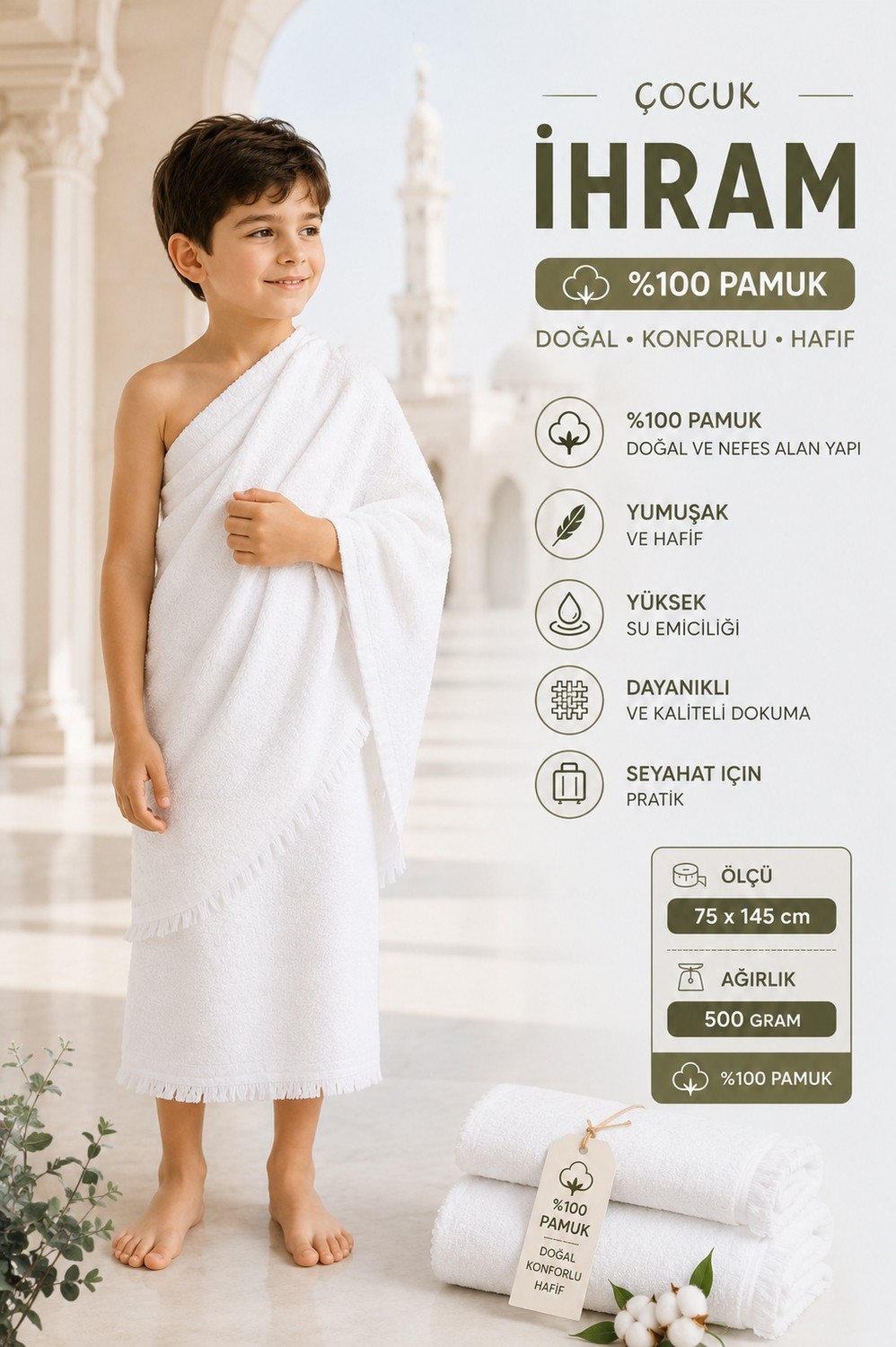 Luna Sacra %100 Pamuklu 75X145 cm 500GRAM Çocuk Hac Umre Ihramı