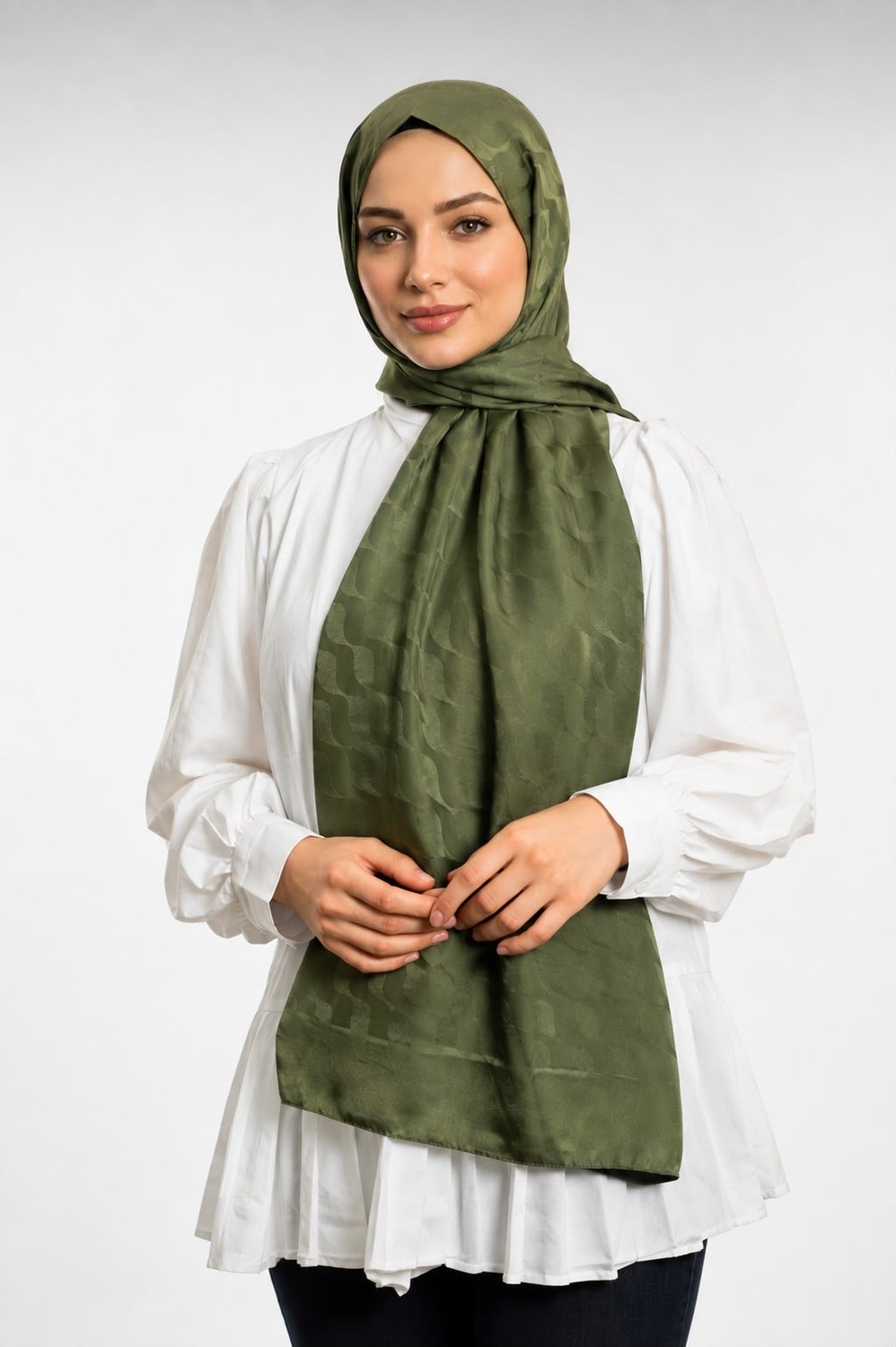 Revam Collection Su Yolu Desen Ipeksi Jakar Şal Yüksek Kalite Haki Yeşil