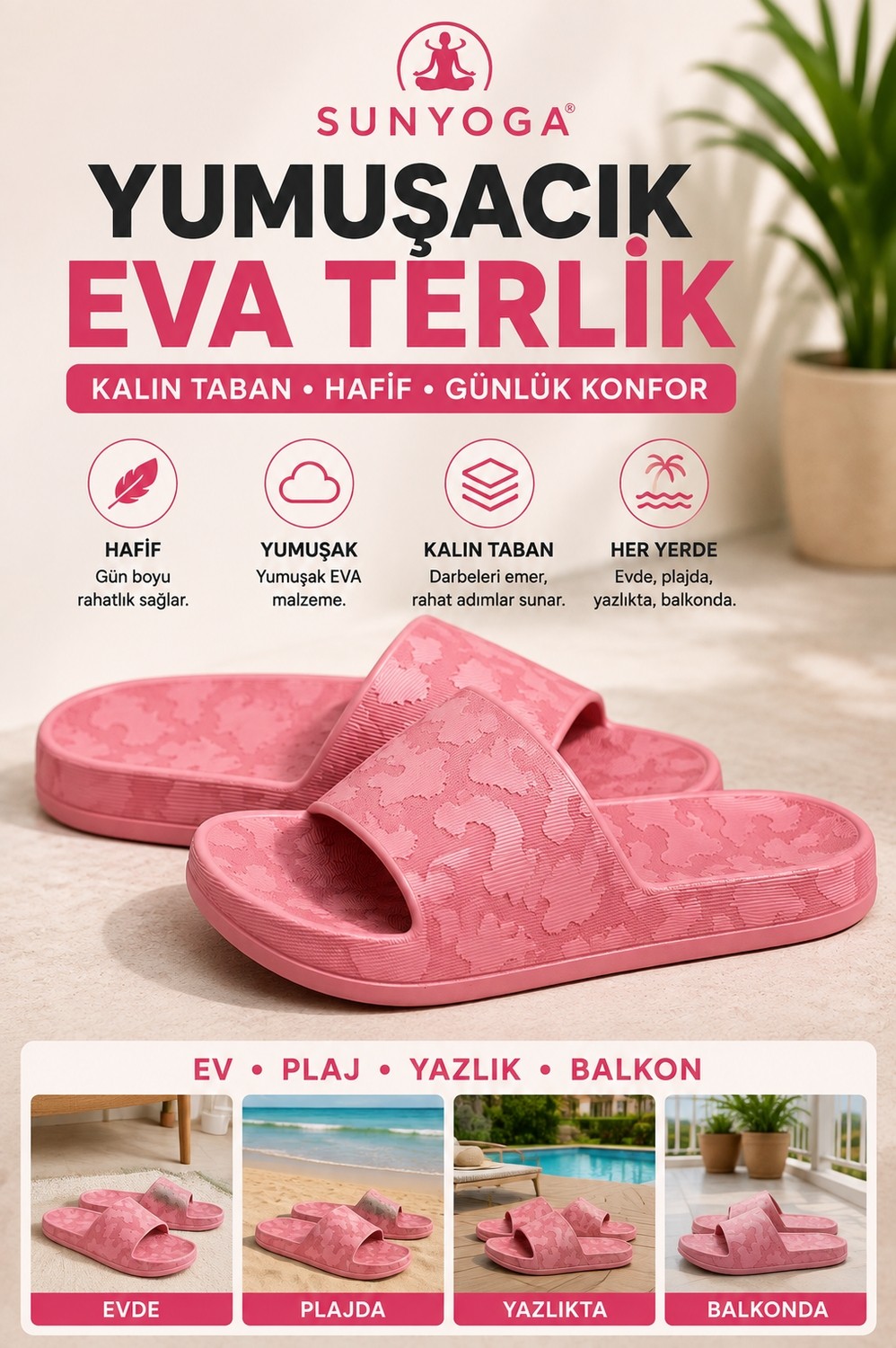 Suneva Kadın Kalın Taban Yumuşak EVA Terlik, Günlük Ev, Yazlık ve Plaj Terliği Desenli