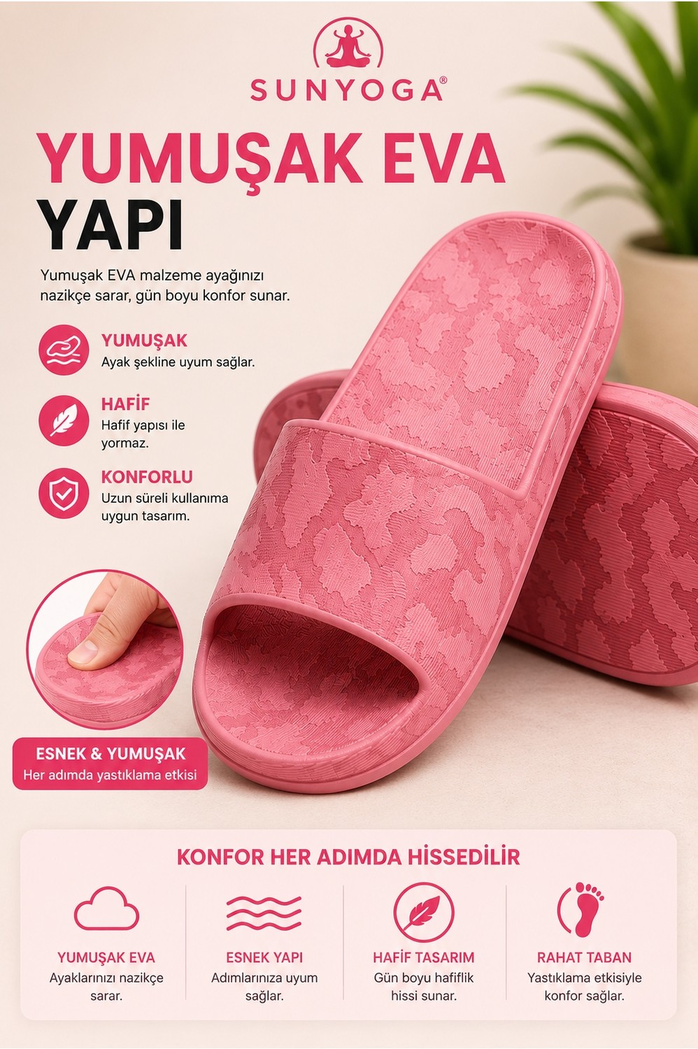 Suneva Kadın Kalın Taban Yumuşak EVA Terlik, Günlük Ev, Yazlık ve Plaj Terliği Desenli görsel 2