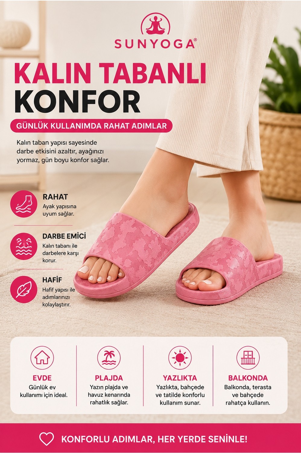 Suneva Kadın Kalın Taban Yumuşak EVA Terlik, Günlük Ev, Yazlık ve Plaj Terliği Desenli görsel 3