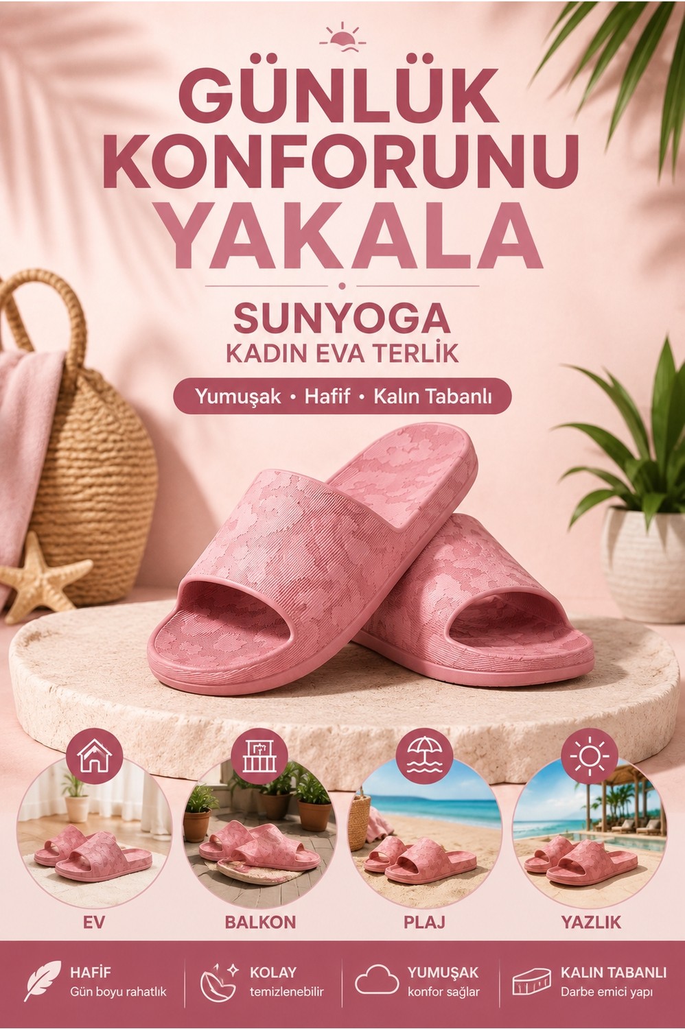 Suneva Kadın Kalın Taban Yumuşak EVA Terlik, Günlük Ev, Yazlık ve Plaj Terliği Desenli görsel 7
