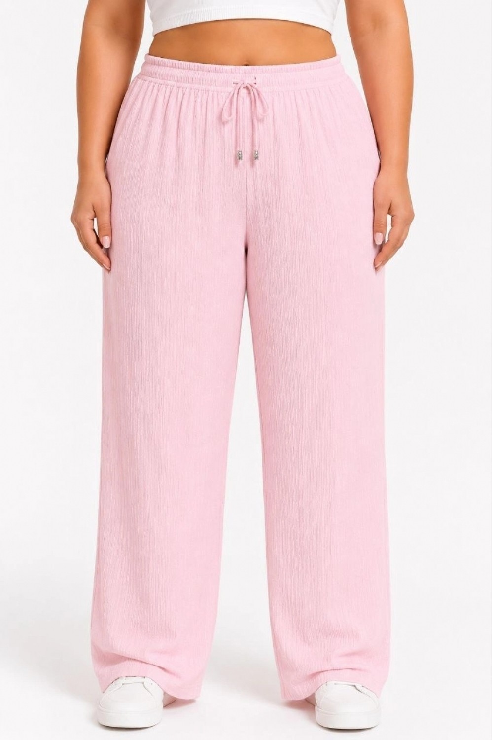 Hace Bazaar Kadın Battal Beden Bürümcük Kumaş Beli Lastikli Bağcıklı Bol Paça Palazzo Pantolon - Pembe görsel 3