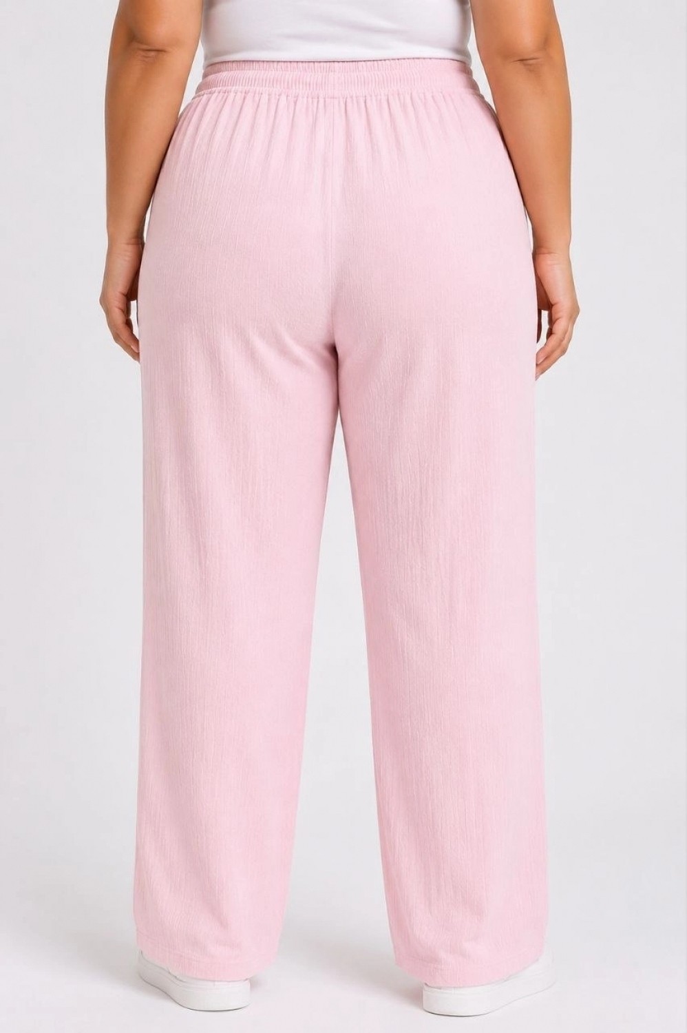 Hace Bazaar Kadın Battal Beden Bürümcük Kumaş Beli Lastikli Bağcıklı Bol Paça Palazzo Pantolon - Pembe görsel 4