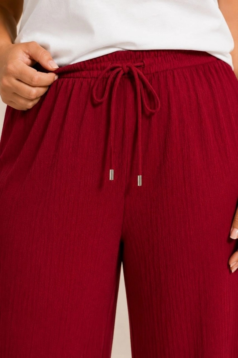 Hace Bazaar Kadın Battal Beden Bürümcük Kumaş Beli Lastikli Bağcıklı Bol Paça Palazzo Pantolon - Bordo görsel 2