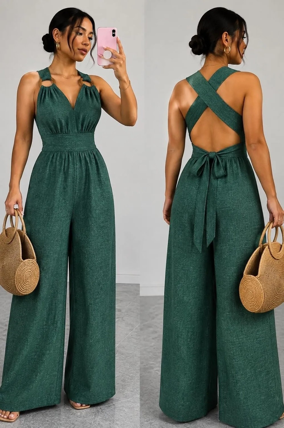 Meride Fashion Kadın Askılı Halka Detaylı Arkadan Çapraz Tulum görsel 8