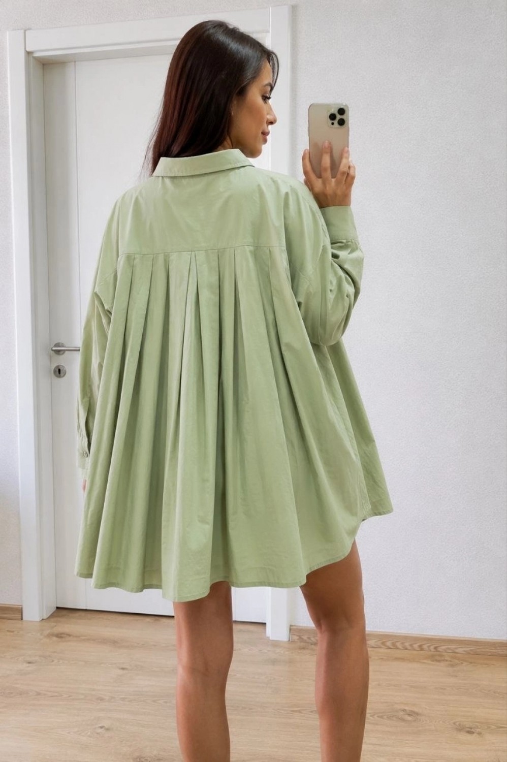 Hace Bazaar Kadın Oversize Pens Detaylı Cepli Yırtmaçlı Rahat Kalıp Poplin Gömlek - Yeşil görsel 2