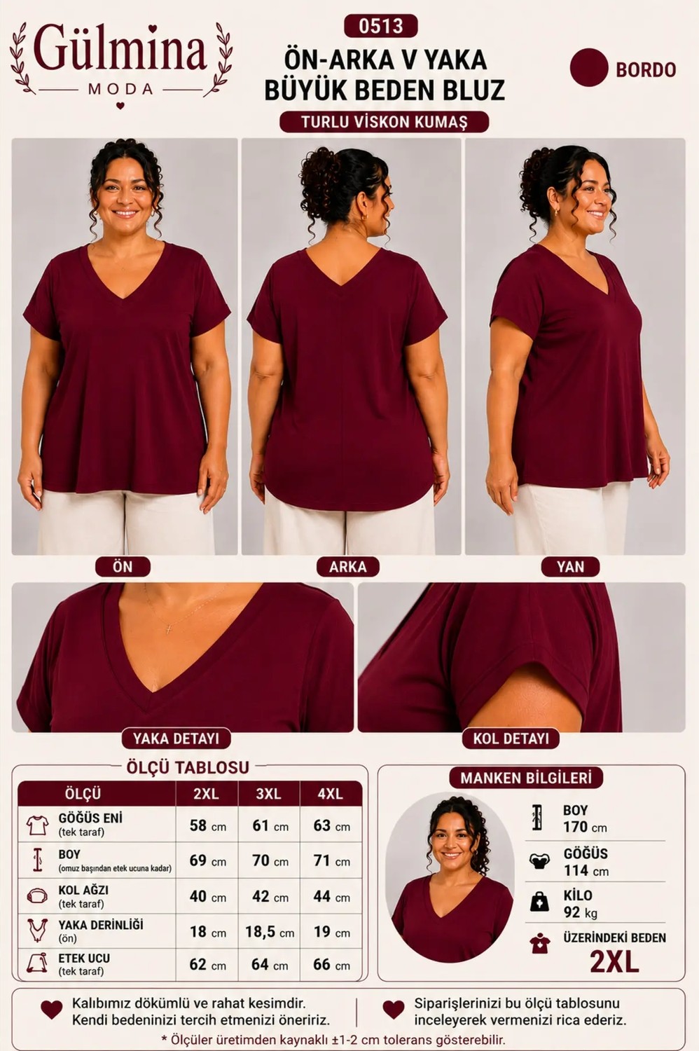 Gülmina Moda Kadın Ön Arka V Yaka Büyük Beden Bluz görsel 3