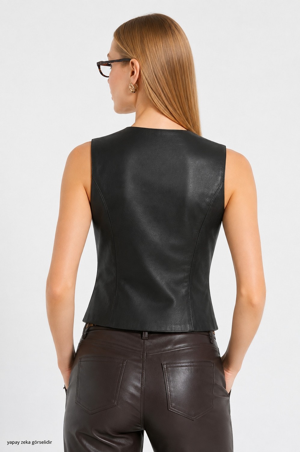 Modaplaza Kadın Astarlı Düğmeli Slimfit Deri Yelek 6799 görsel 4