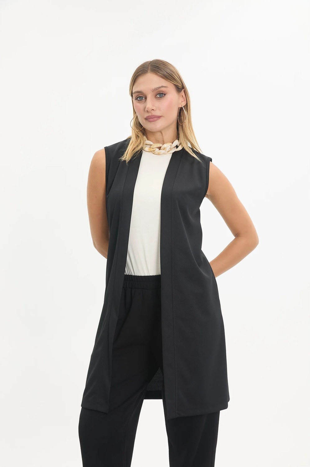 Kado Outlet Kado Online Kadın Uzun Kolsuz Rahat Kesim Şık Yelek Siyah görsel 4