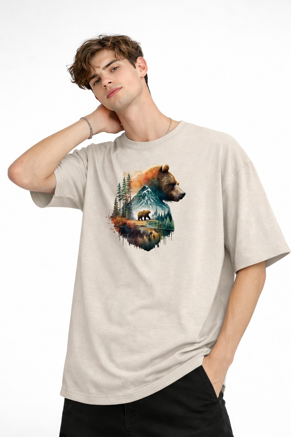 TeknoKapsül Bear2 - Oversize Tişört Bej