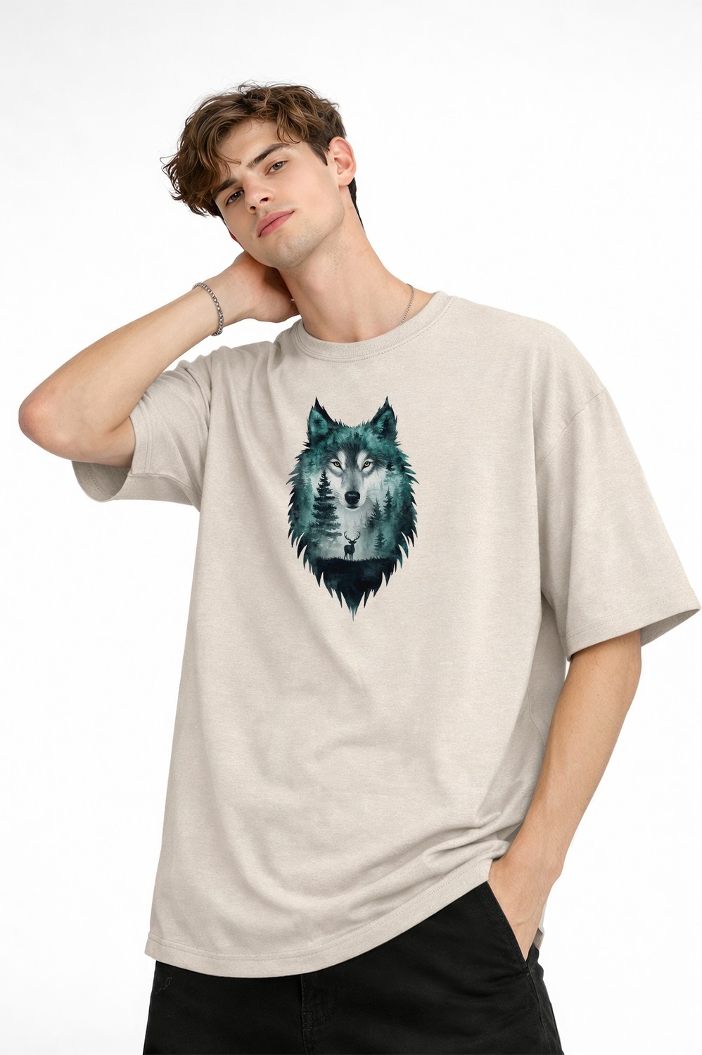 TeknoKapsül Wolf - Oversize Erkek Tişört Bej