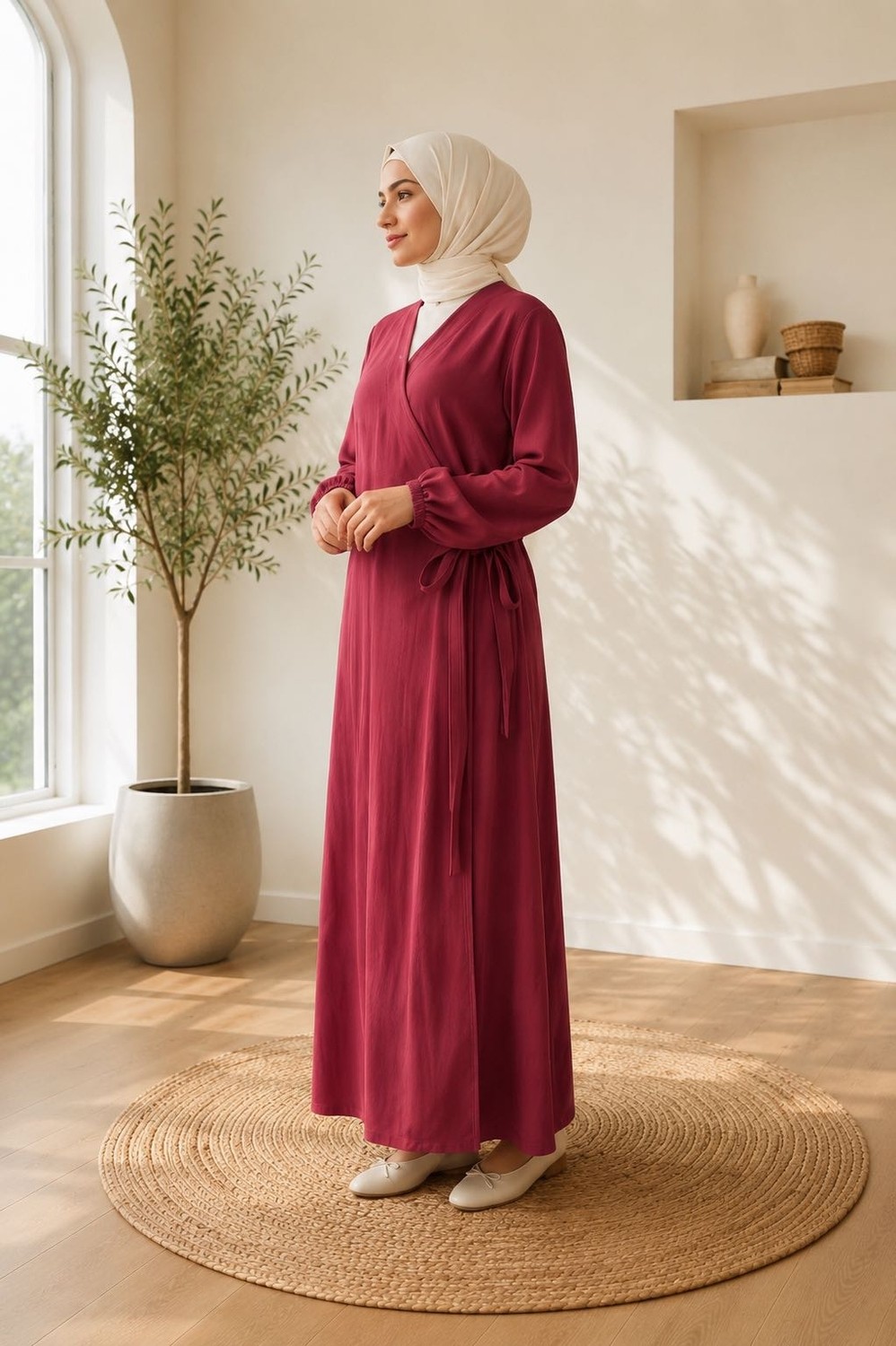 Melike Home Bordo Pamuk Müslin Sabahlık-Elbise görsel 2