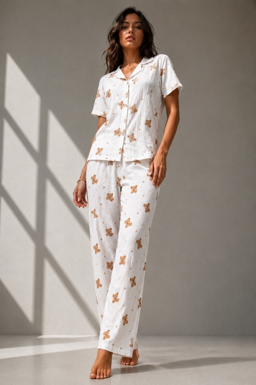 Fit Women Kadın Klasik Doğal Düğme Gece Su Yeşili Pijama Takımı