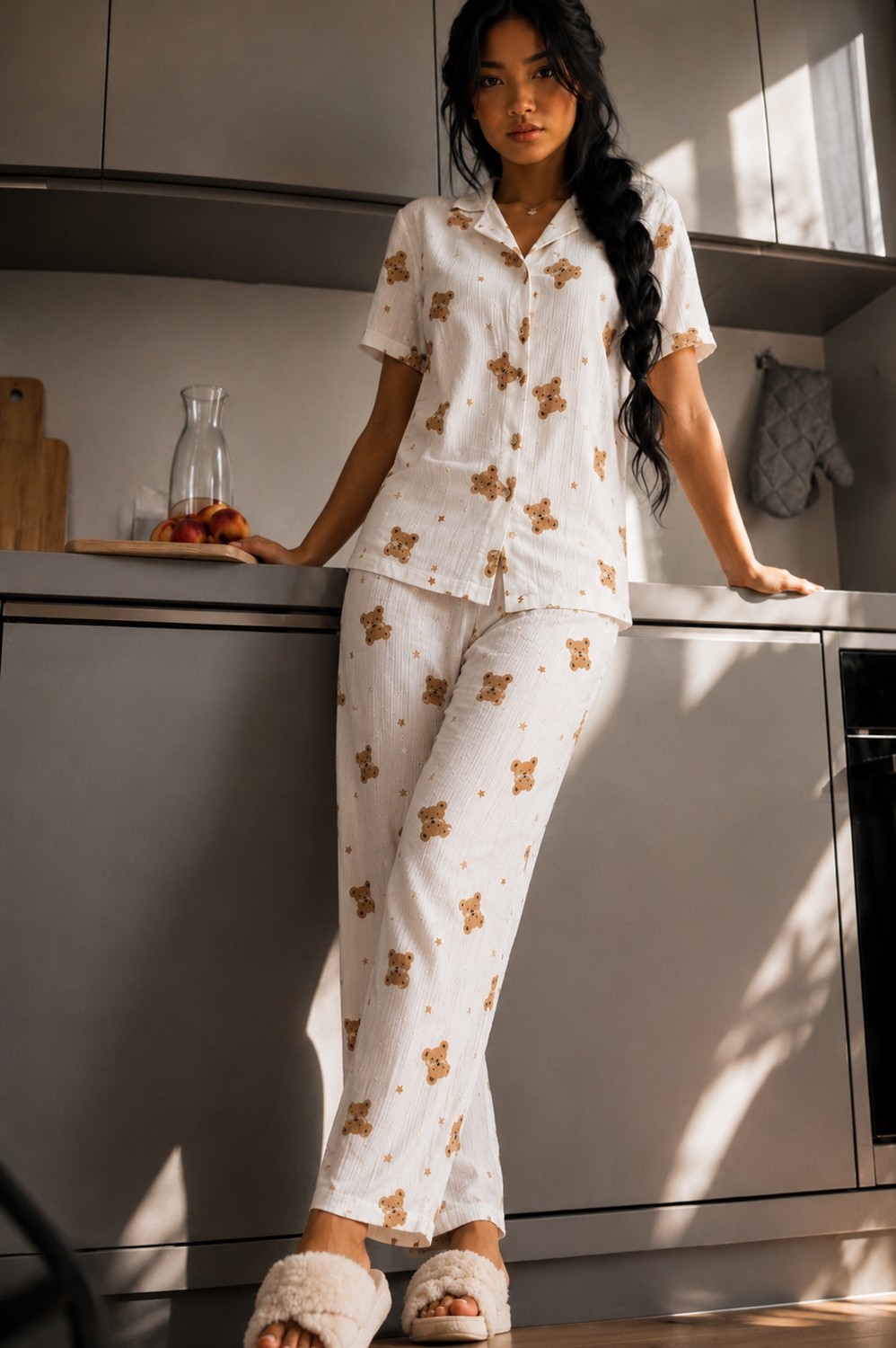 Fit Women Kadın Zarif Yaka Dokulu Ferah Kar Beyaz Pijama Takımı