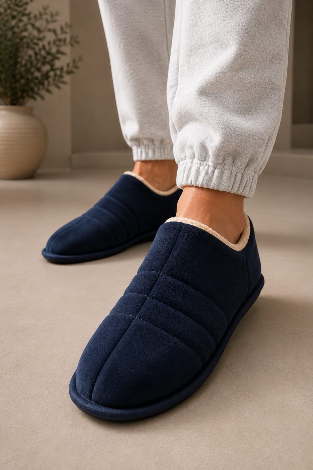 Slipcat Unisex Peluş Içi Yünlü Kışlık Panduf Ev Pandufu Lacivert görsel 3