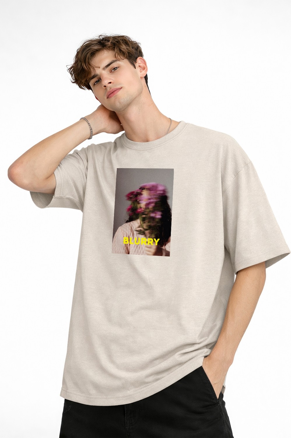 TeknoKapsül Blurry - Oversize Erkek Tişört Bej görsel 3