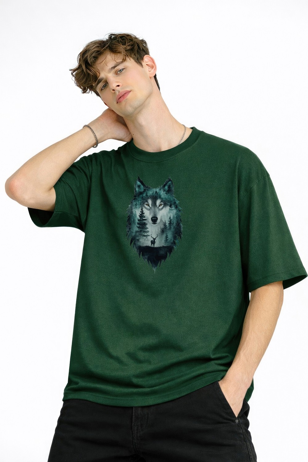 TeknoKapsül Wolf - Oversize Erkek Tişört Hakı görsel 3