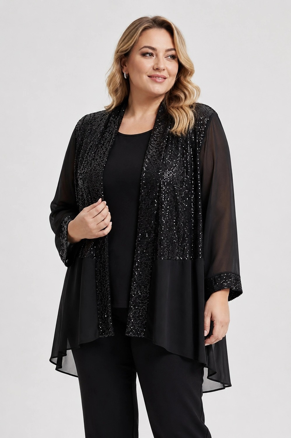 Lady Majestic Siyah Kadın Payetli-Pullu Büyük Beden Ceket-Atlet Şifon Şık Takım