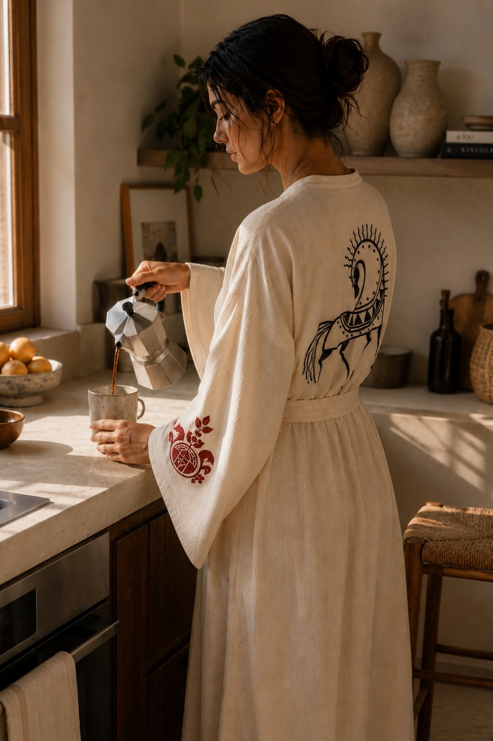 Maison Nakshatra Ashvini Nakışlı %100 Keten Dökümlü Unisex Kimono&sabahlık görsel 2