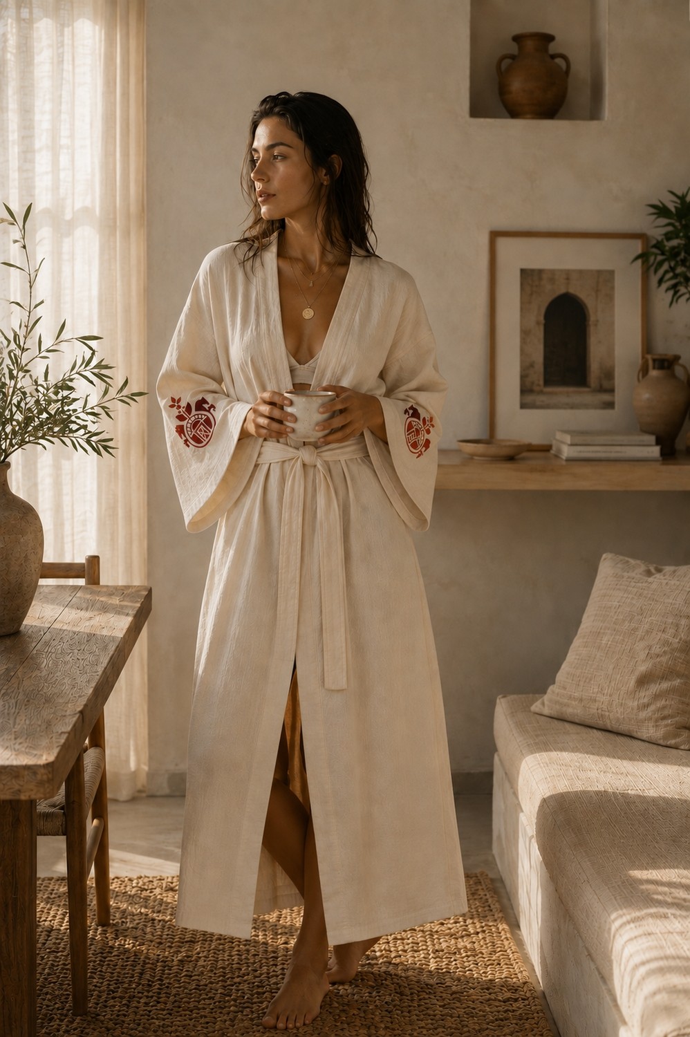 Maison Nakshatra Ashvini Nakışlı %100 Keten Dökümlü Unisex Kimono&sabahlık görsel 3