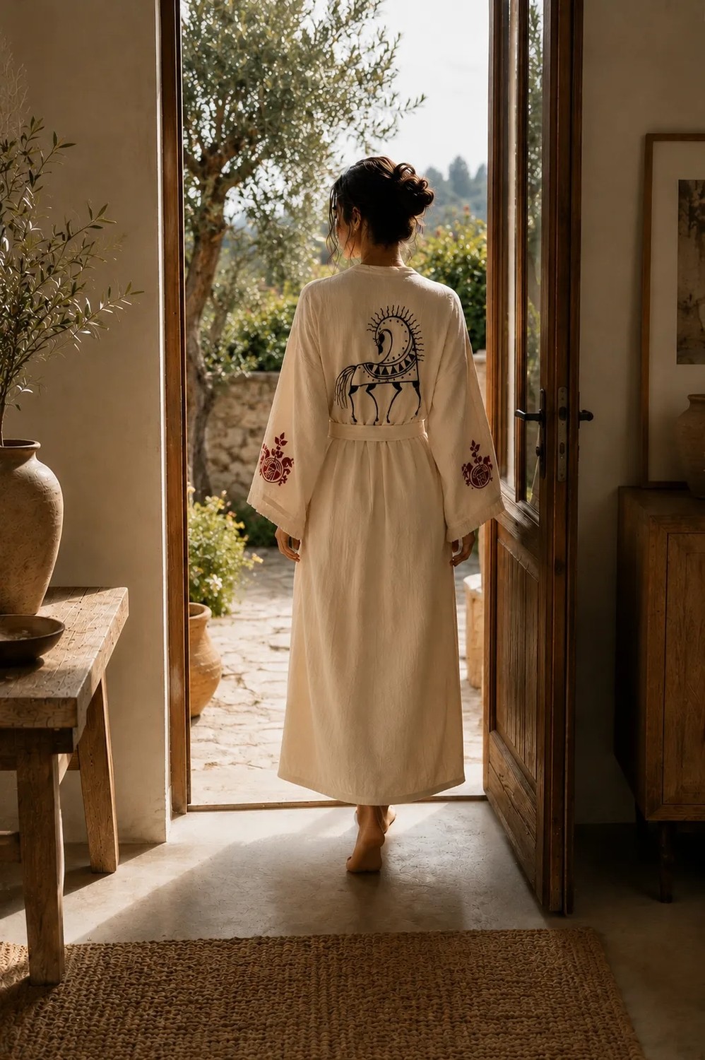 Maison Nakshatra Ashvini Nakışlı %100 Keten Dökümlü Unisex Kimono&sabahlık görsel 4
