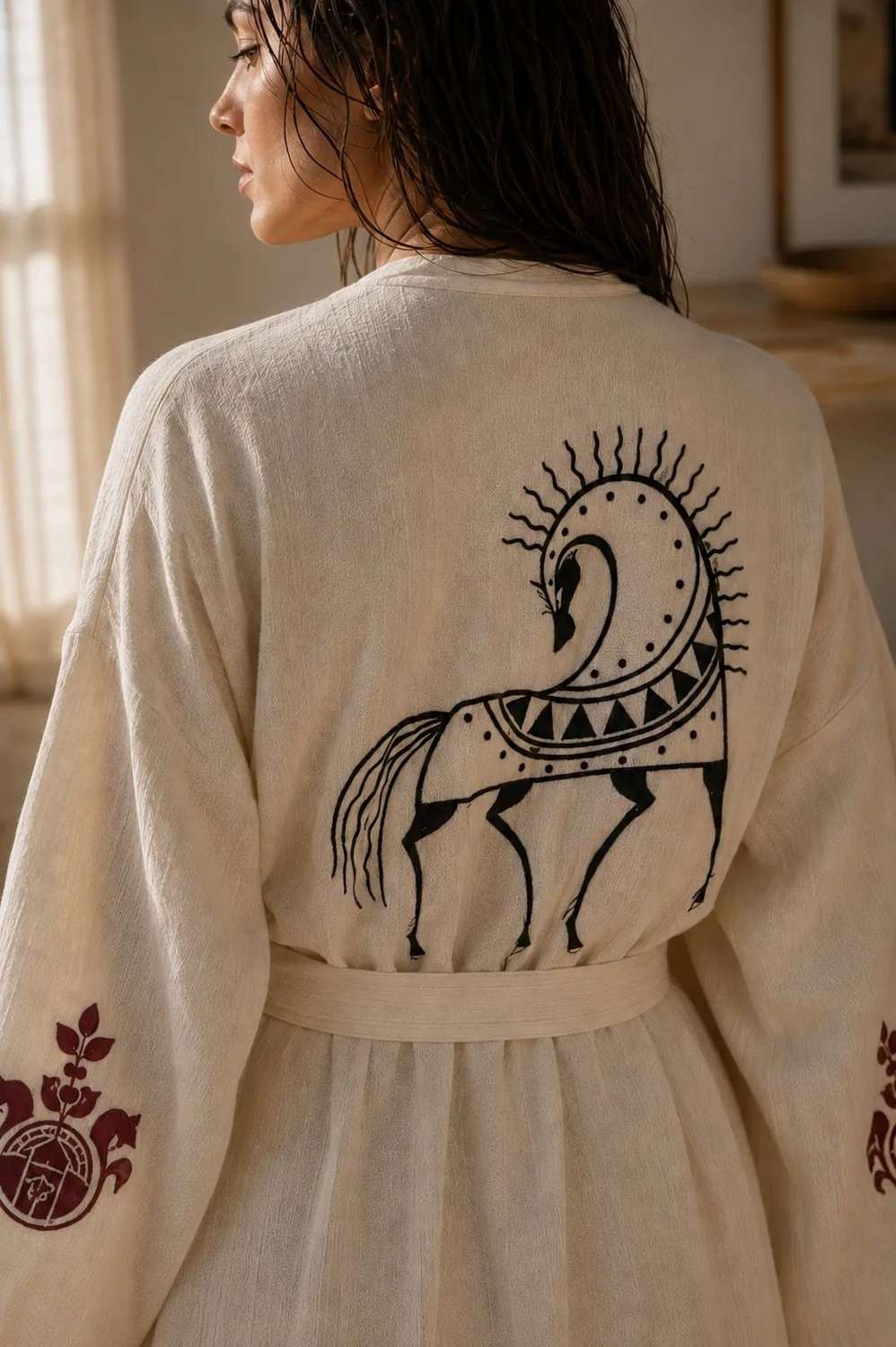 Maison Nakshatra Ashvini Nakışlı %100 Keten Dökümlü Unisex Kimono&sabahlık görsel 5
