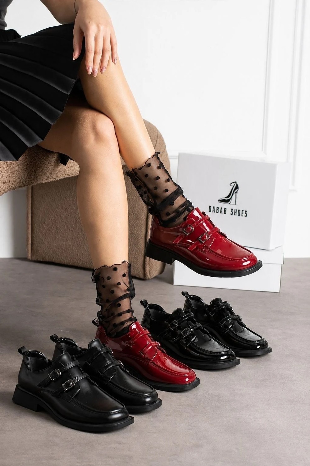 Dabab Shoes Elvan Kadın Siyah Rugan Küt Burun Çift Toka Detaylı Kalın Taban Loafer Ayakkabı görsel 4