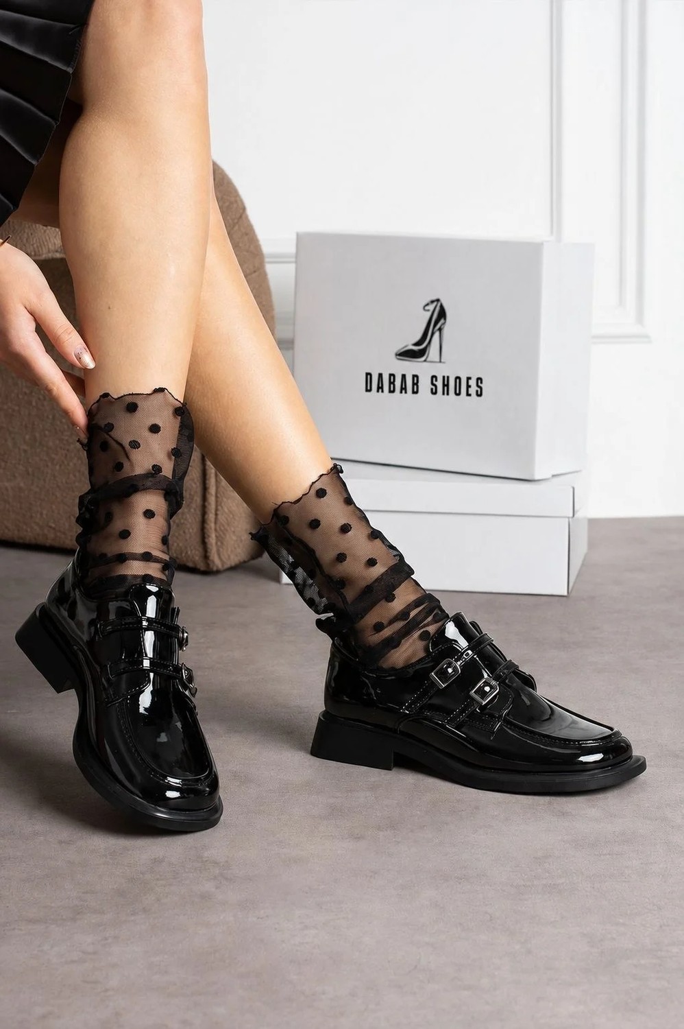 Dabab Shoes Elvan Kadın Siyah Rugan Küt Burun Çift Toka Detaylı Kalın Taban Loafer Ayakkabı görsel 5